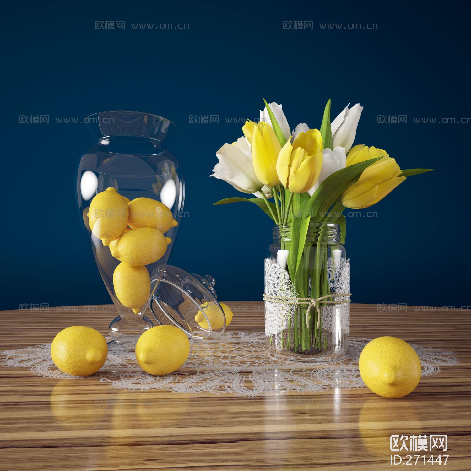 现代玻璃花瓶花卉柠檬装饰组合3D模型