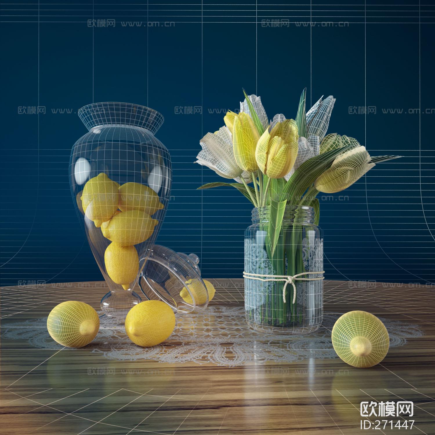 现代玻璃花瓶花卉柠檬装饰组合3D模型