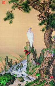   郎世宁嵩献英芝图 绢本103x158 