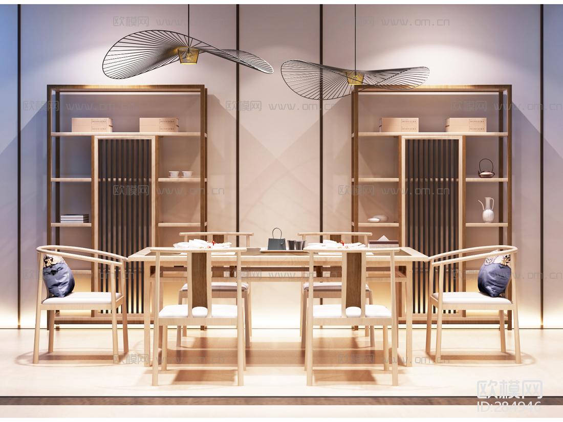 欧模网新中式餐厅餐桌椅酒柜吊灯组合3D模型ID284946