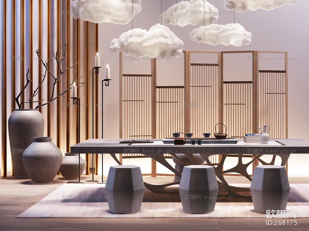 新中式茶室泡茶桌椅屏风植物组合3D模型ID268175
