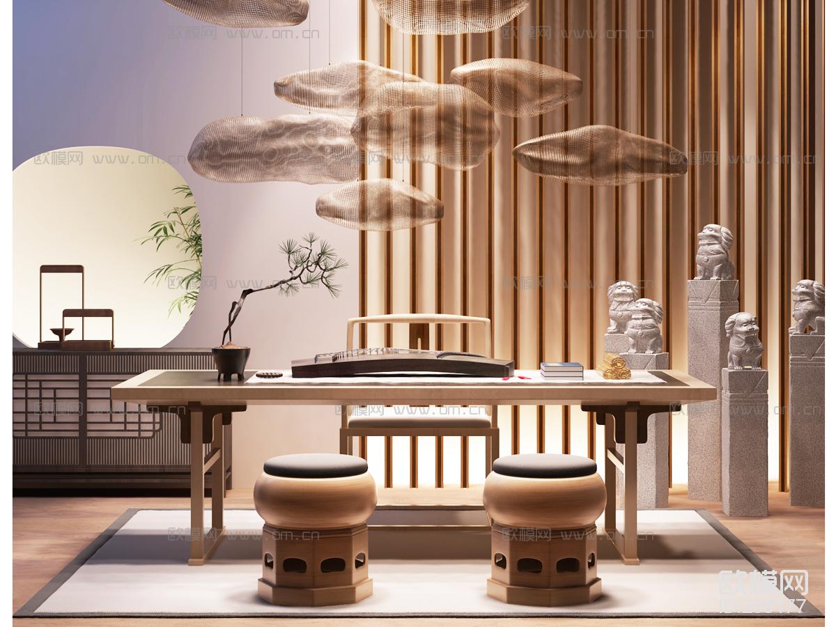 新中式茶室泡茶桌椅狮子灯组合3D模型ID268177