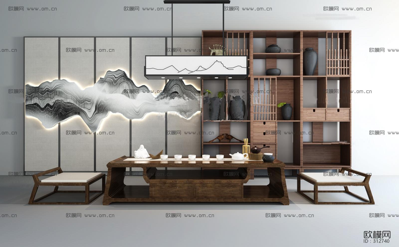 新中式茶室泡茶桌椅装饰架组合3D模型ID312740