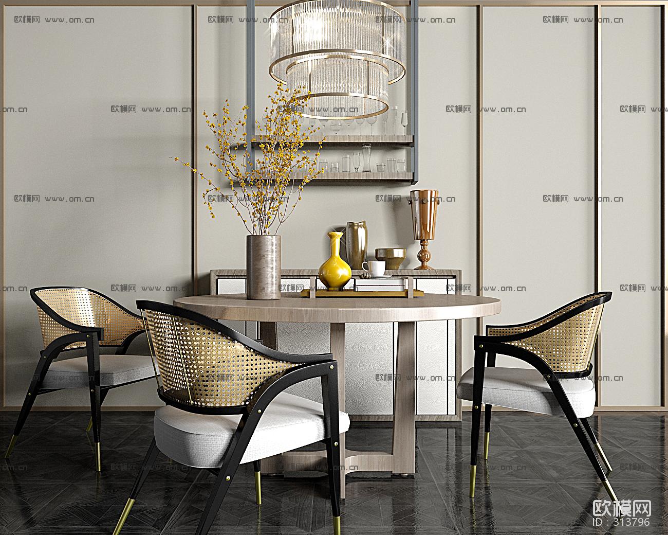 欧模网新中式圆形餐桌椅吊灯饰品组合3D模型ID313796
