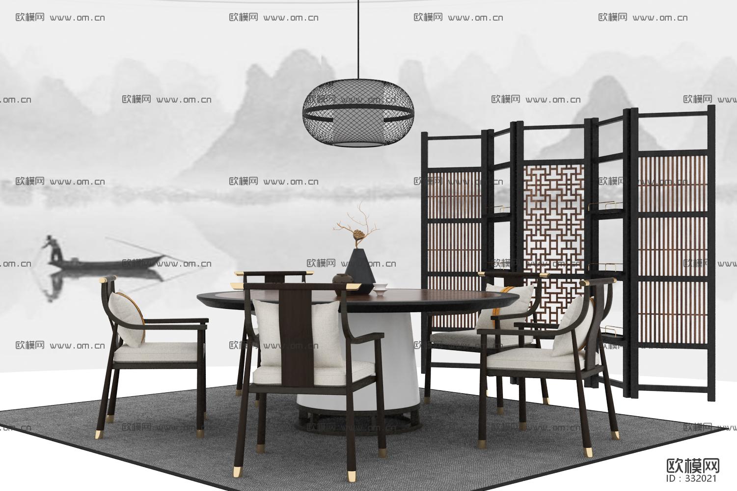 新中式实木圆形餐桌椅屏风吊灯组合3D模型ID332021