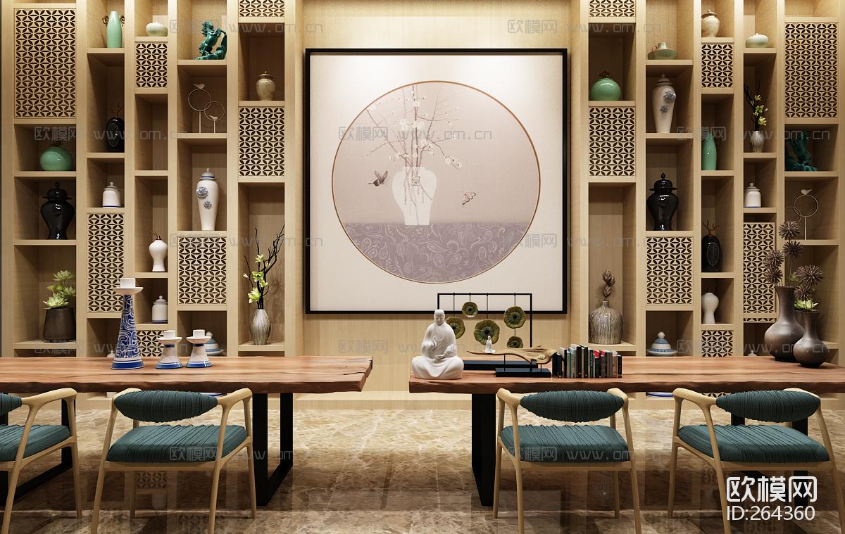 中式茶台单椅博古架陶瓷摆件组合3D模型ID264360