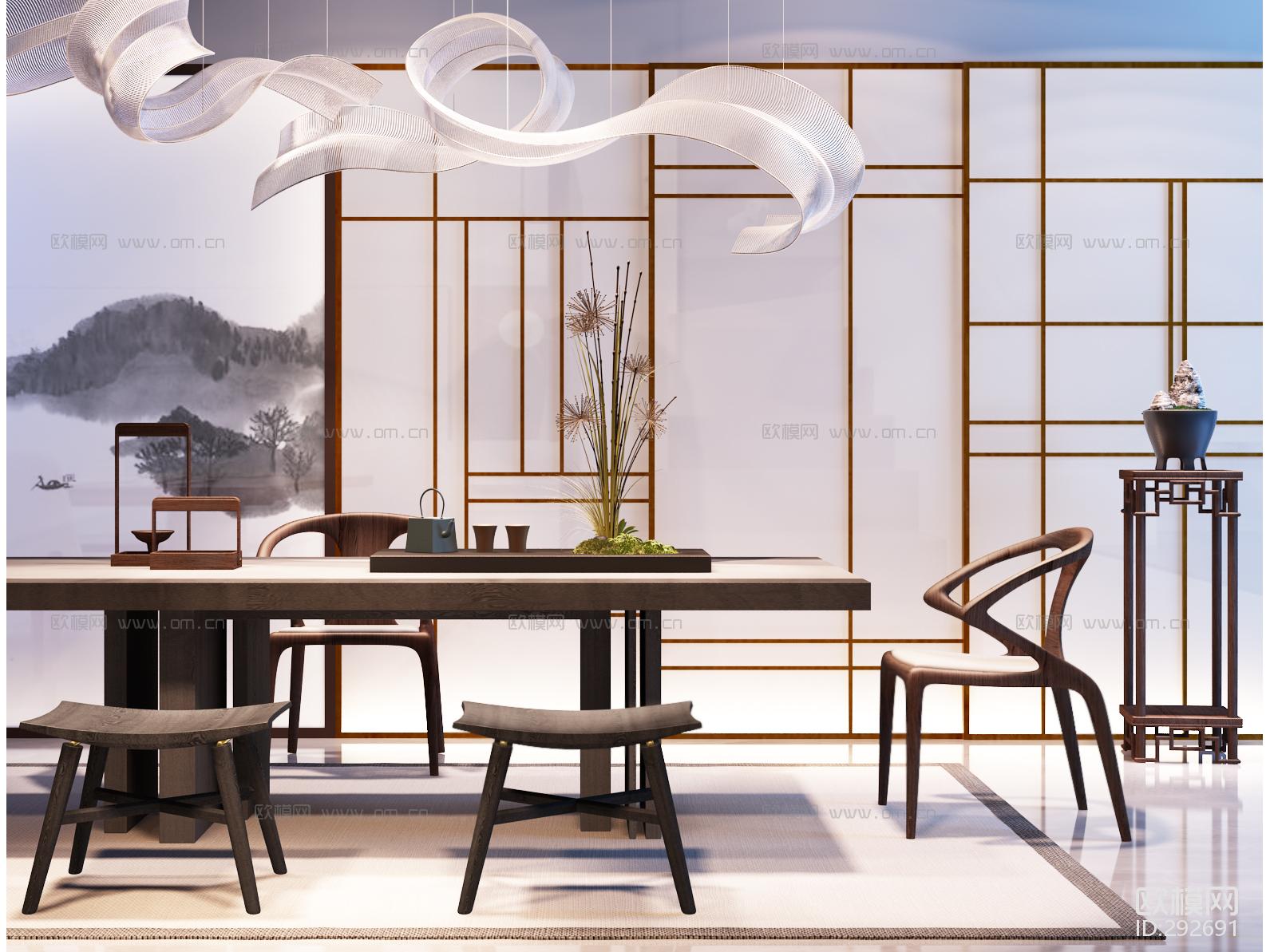 中式茶桌椅子吊灯屏风饰品摆设3D模型ID292691