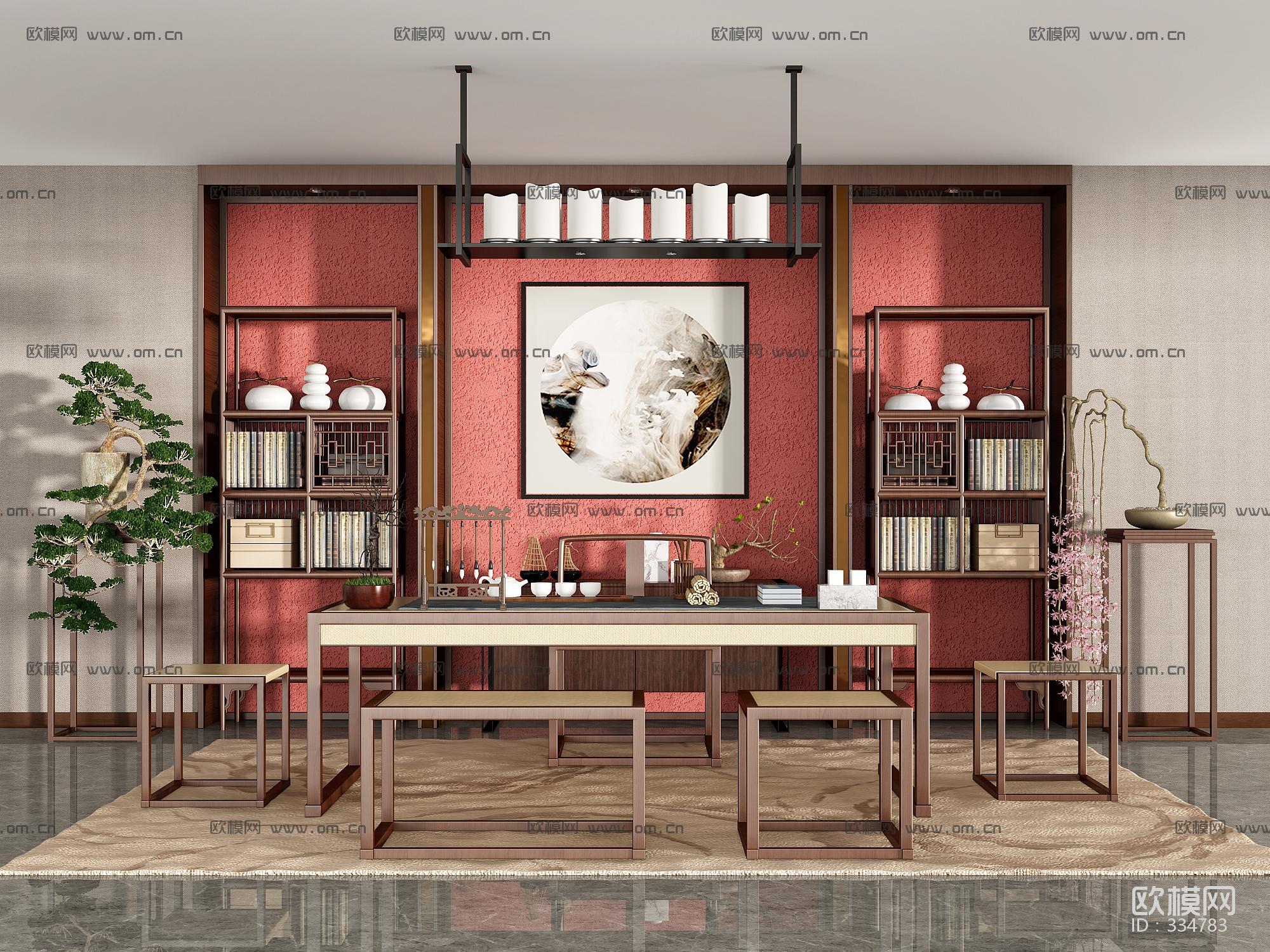 新中式书房实木书桌泡茶桌椅组合3D模型ID334783