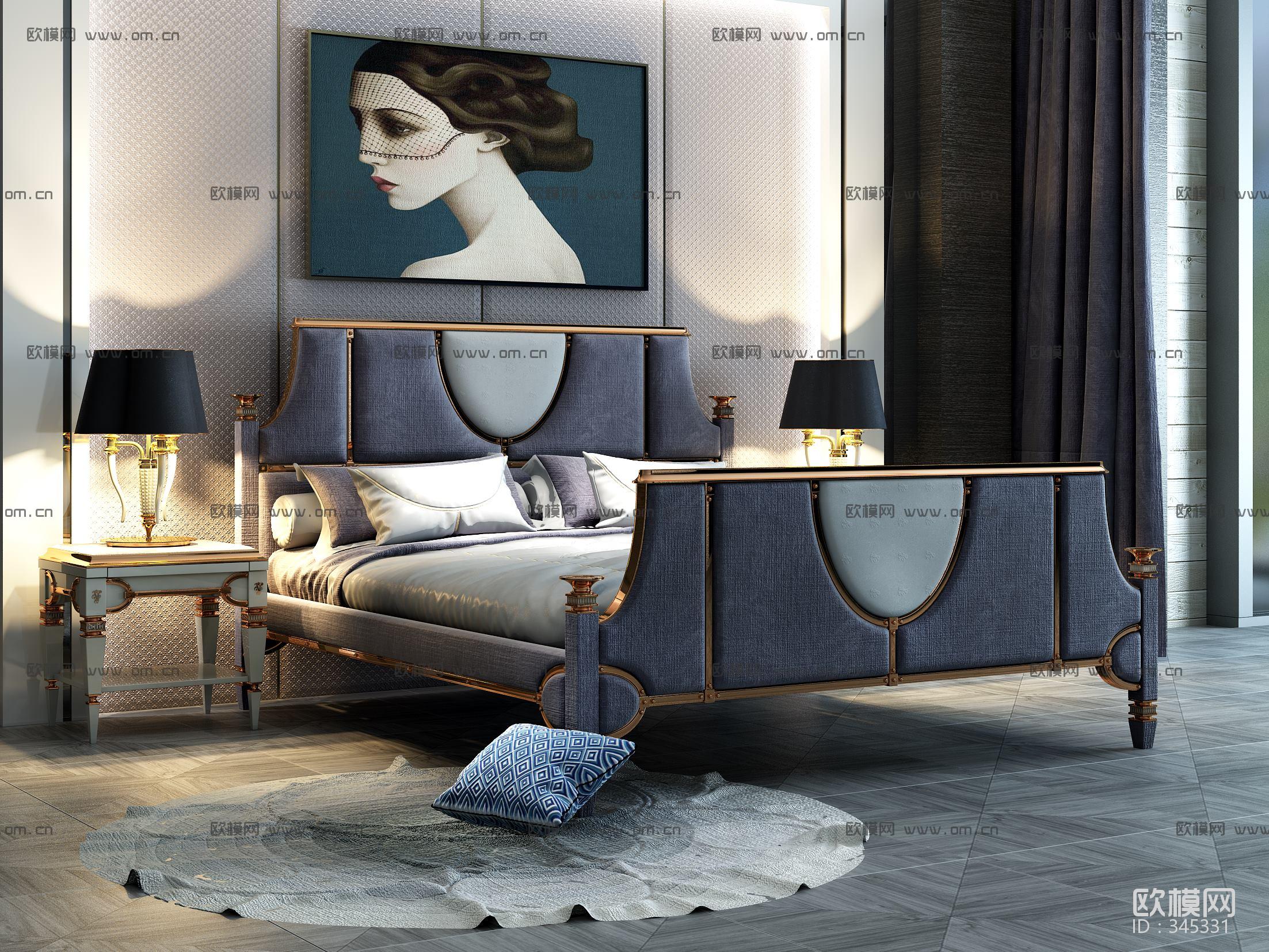 后现代布艺双人床床头柜台灯3D模型下载