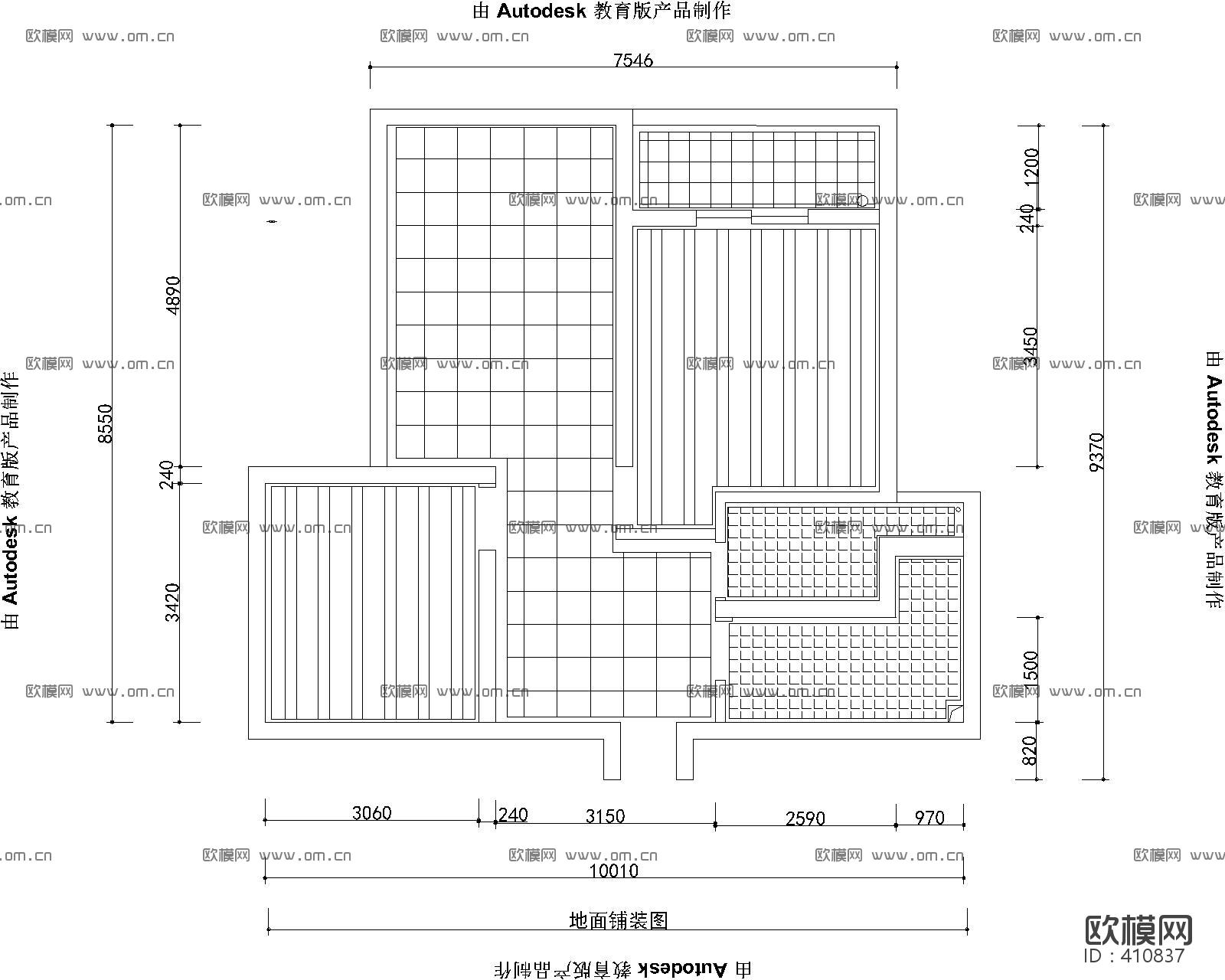 CAD两房一厨一卫户型下载（渲染图2）