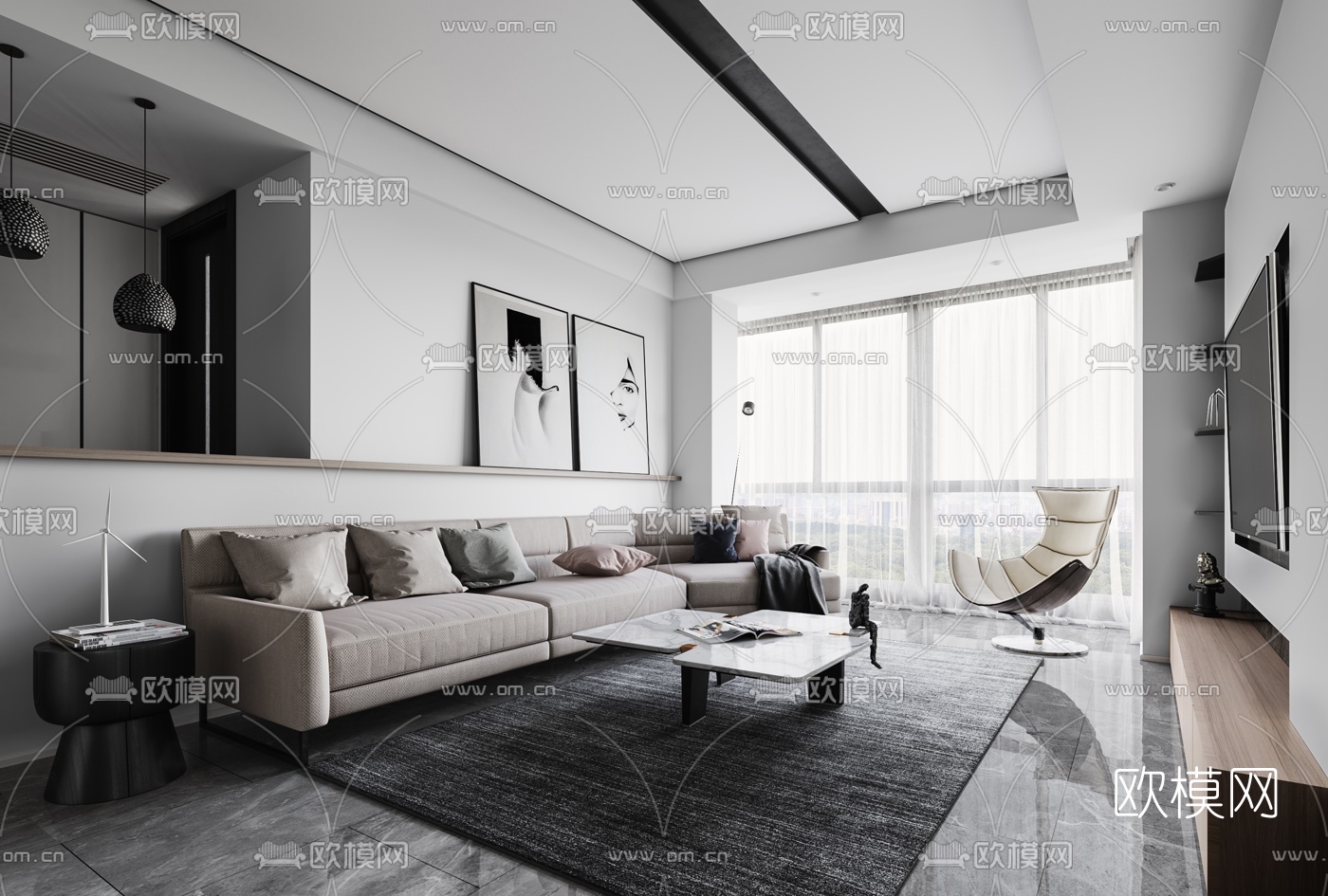 青云居设计 现代客厅餐厅3d模型