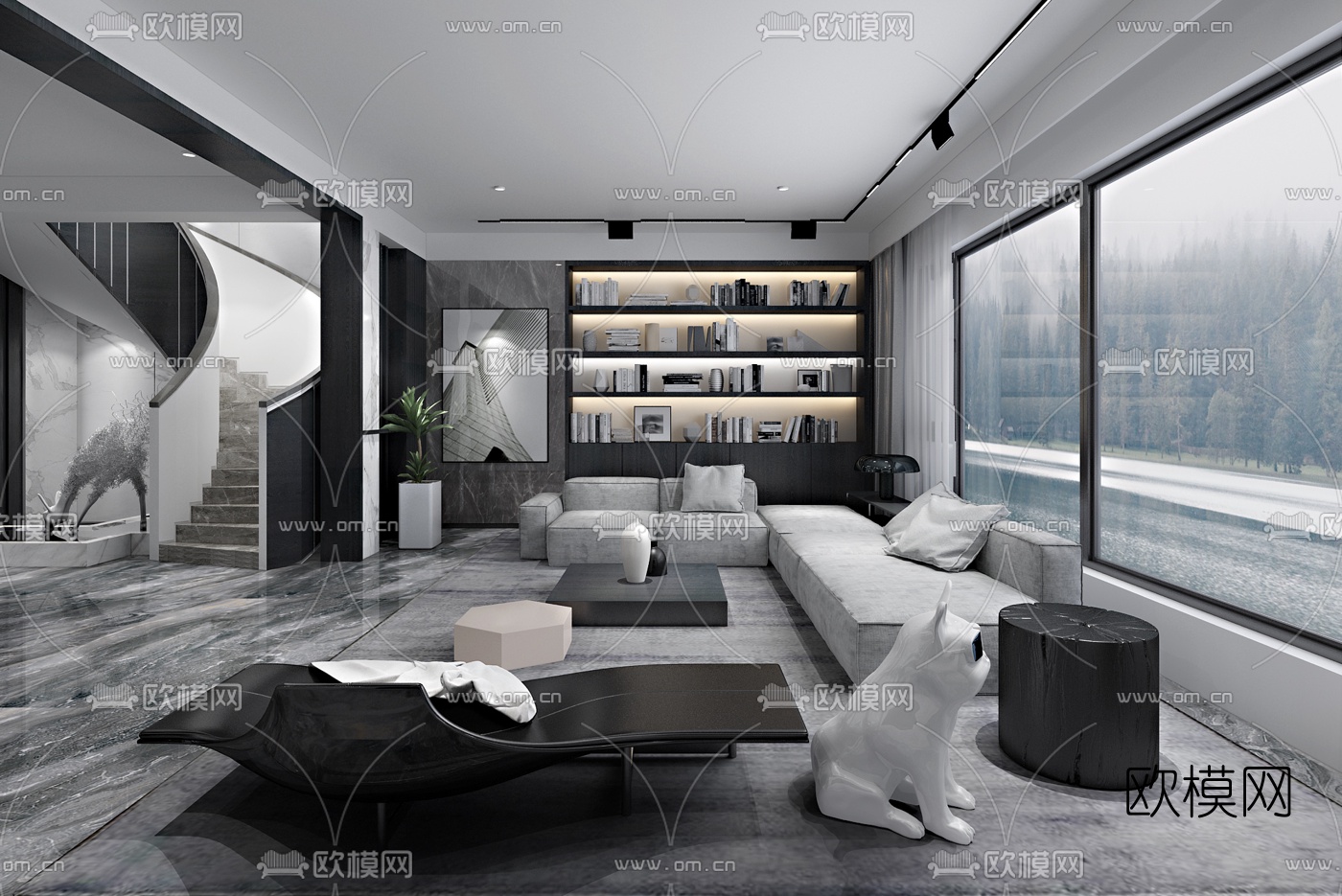 现代高级灰客厅餐厅3d模型下载（渲染图1）