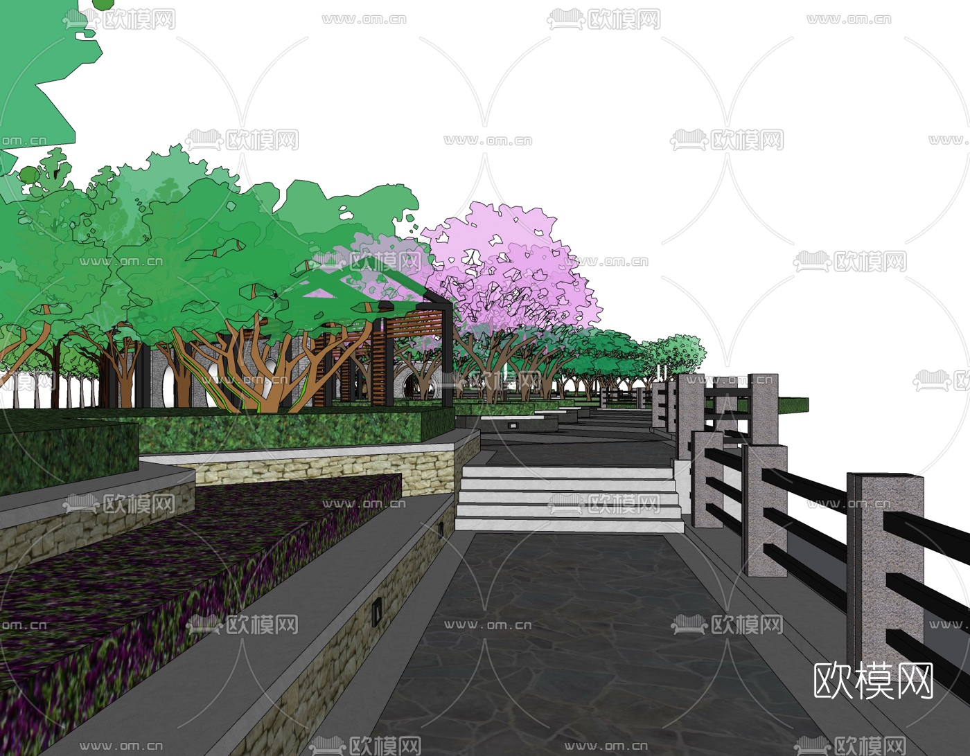 中式沿河街道景观设计免费su模型下载（渲染图1）