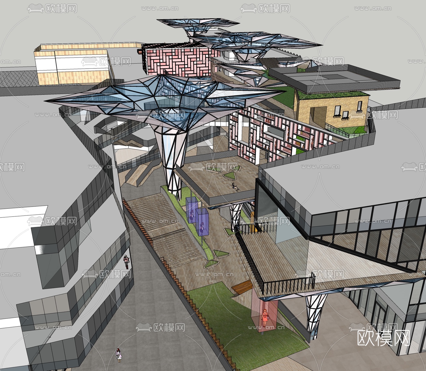 现代商业街su模型下载（渲染图1）