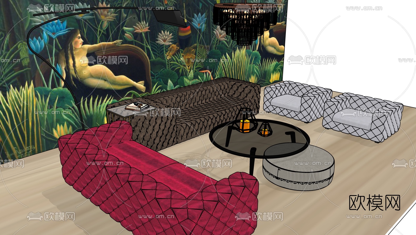 简欧布艺沙发组合su模型下载（渲染图2）