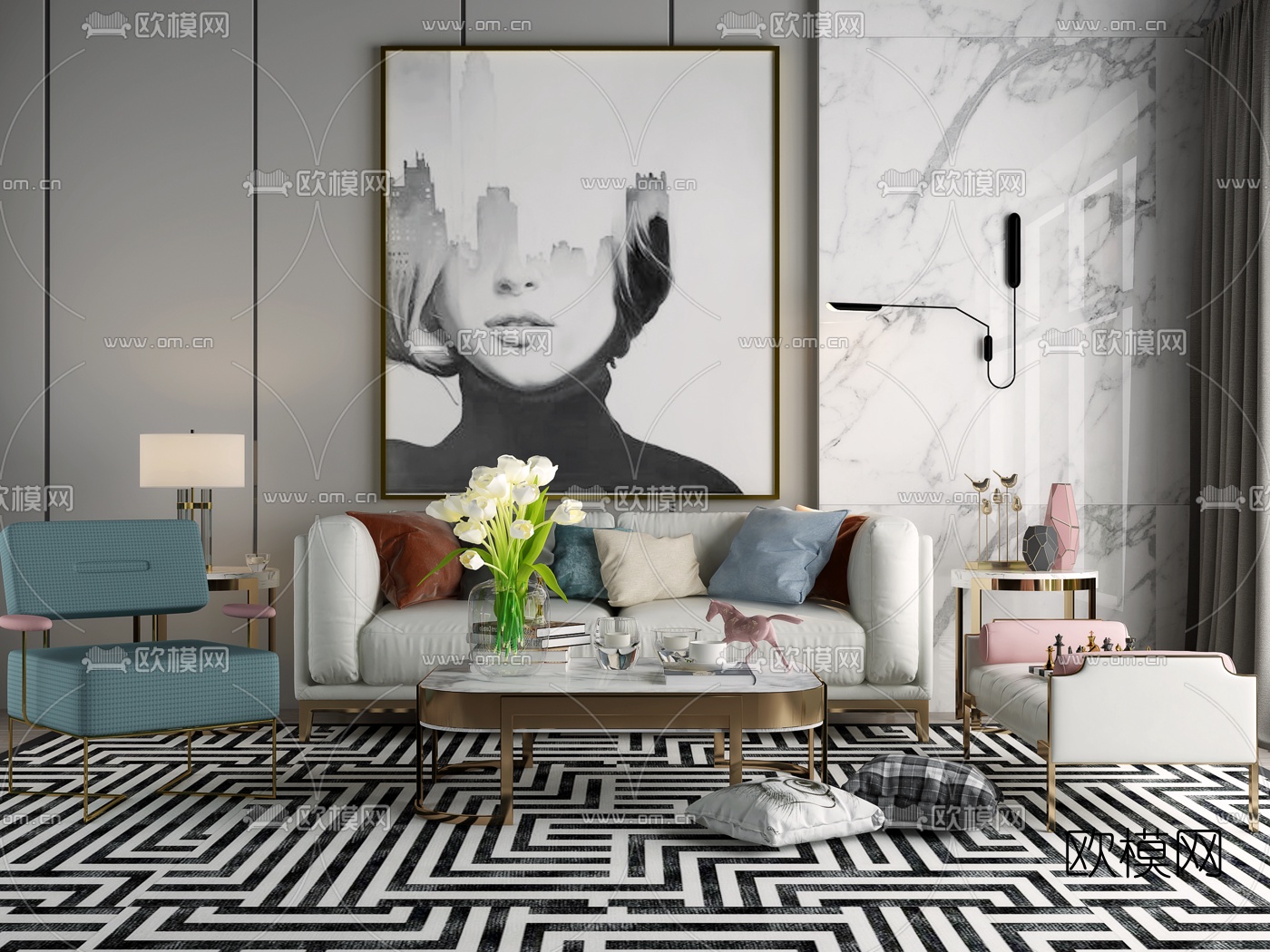 现代轻奢沙发组合3d模型下载