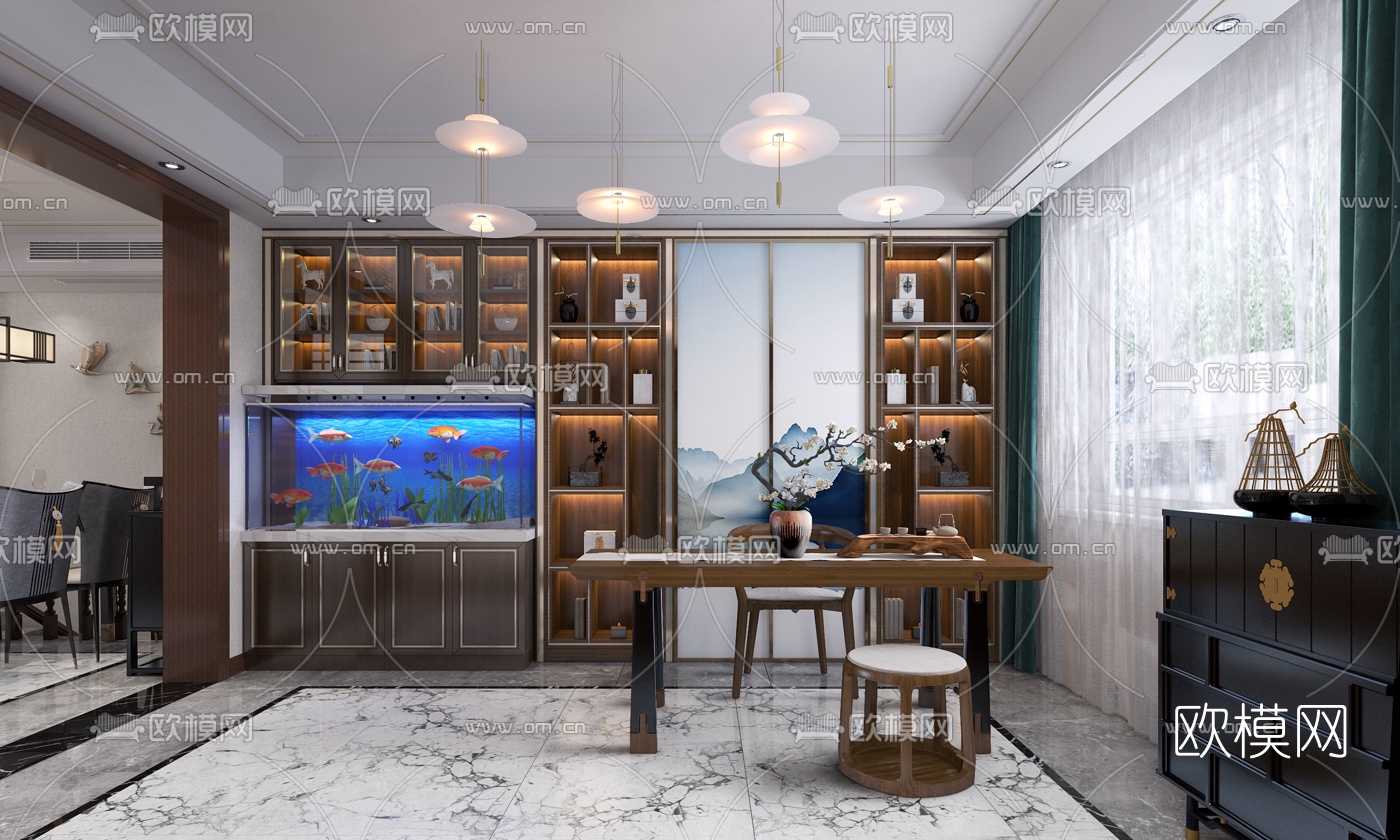 新中式客厅餐厅书房3d模型