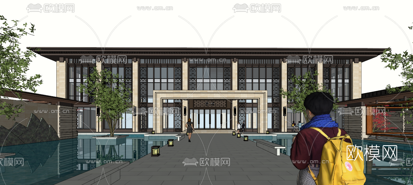 新中式售楼处外观su模型下载（渲染图3）