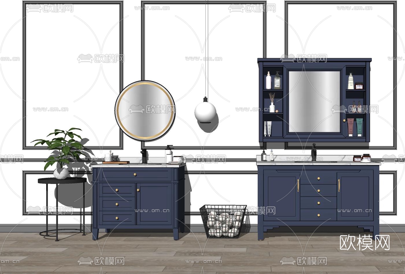 美式洗手台浴室柜su模型下载