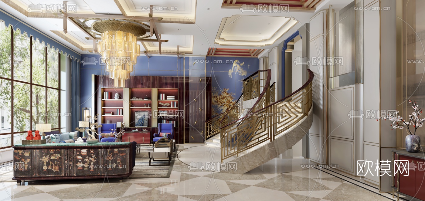 新古典别墅客厅3d模型下载（渲染图3）