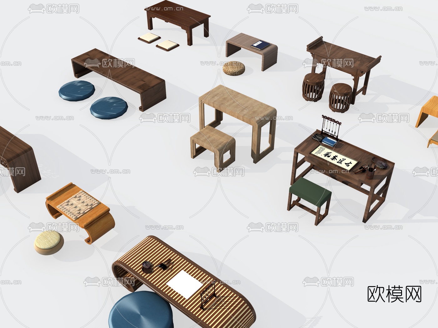 中式书桌椅3d模型下载（渲染图2）
