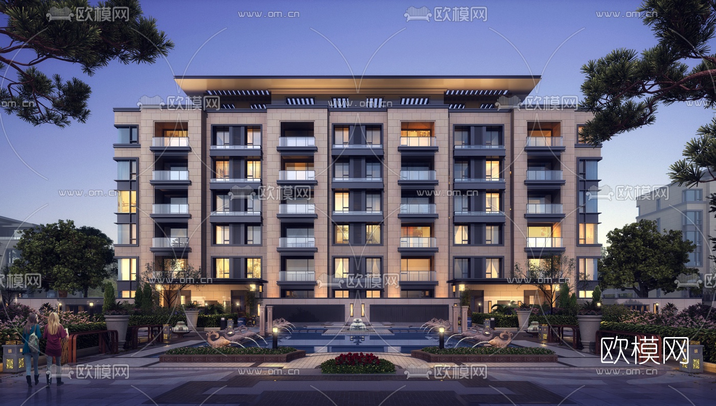 新中式住宅小区夜景3d模型下载