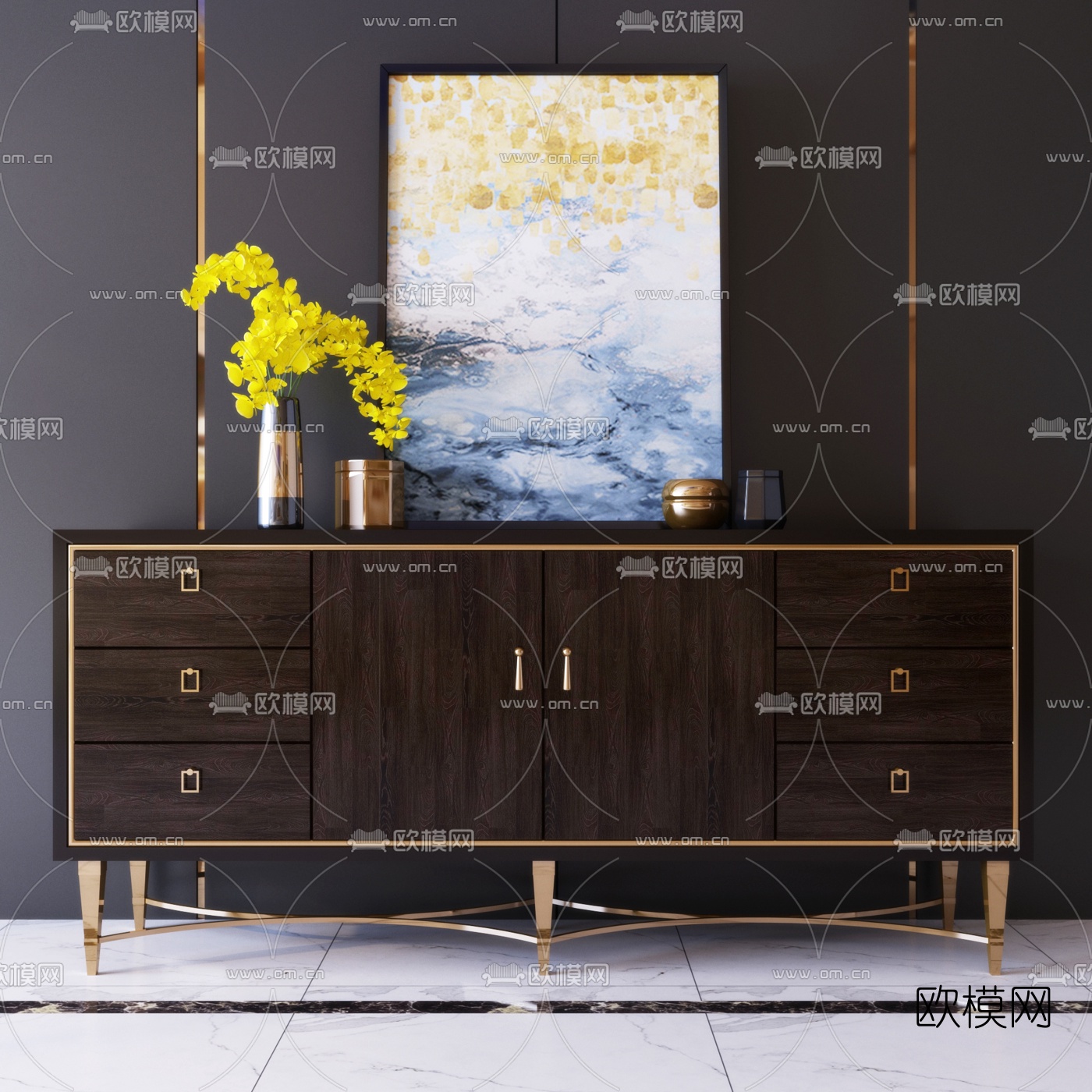 美式轻奢电视柜3d模型下载