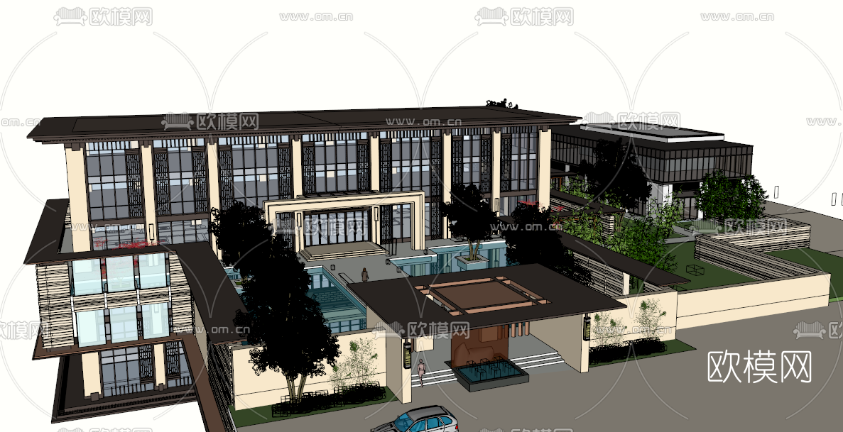新中式售楼处外观su模型下载（渲染图2）