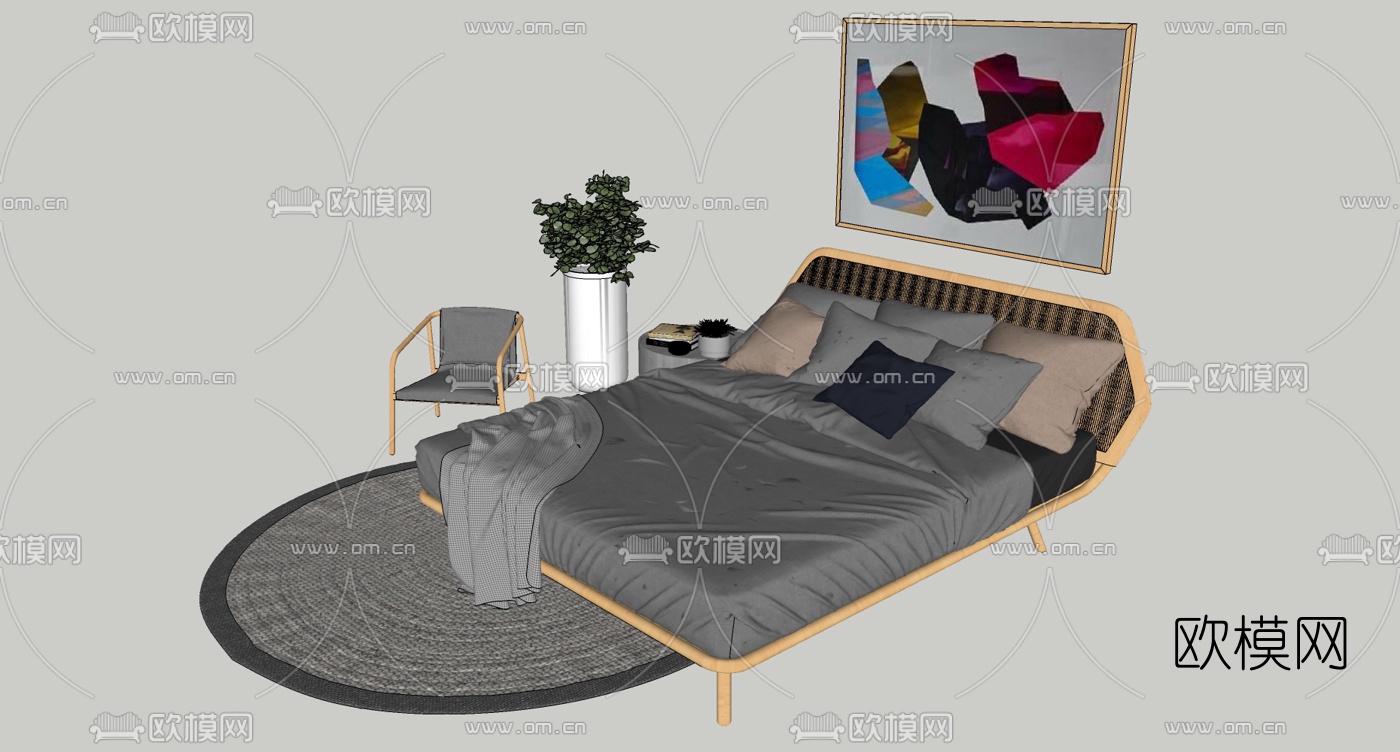 北欧双人床su模型下载（渲染图2）