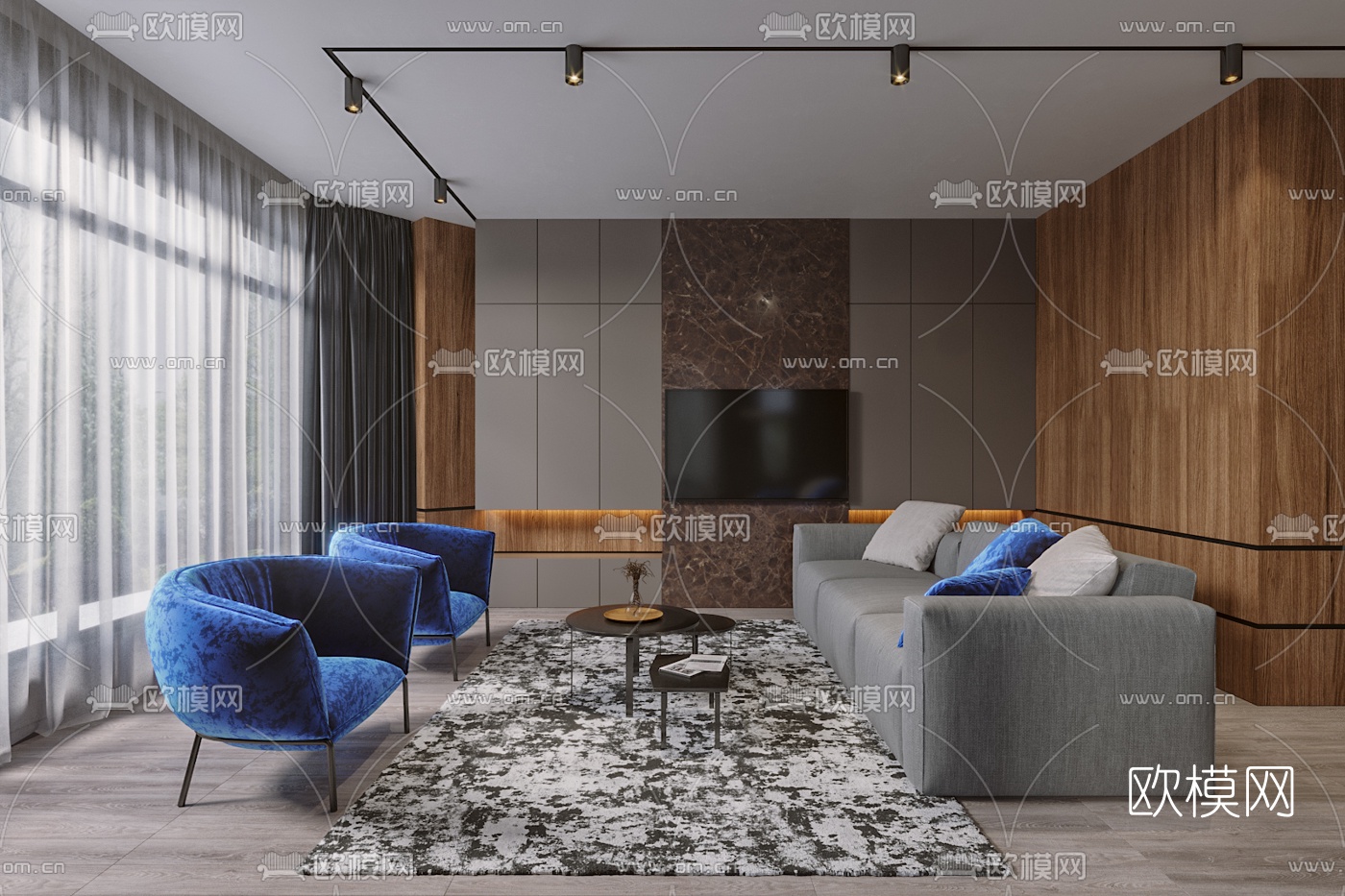 现代高级灰客厅餐厅3d模型下载（渲染图1）