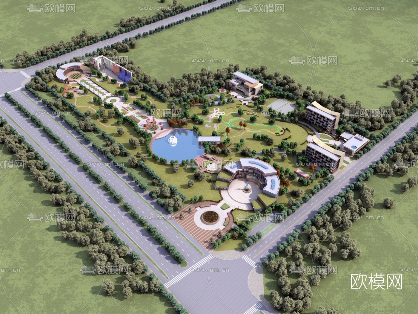 现代学校鸟瞰规划3d模型