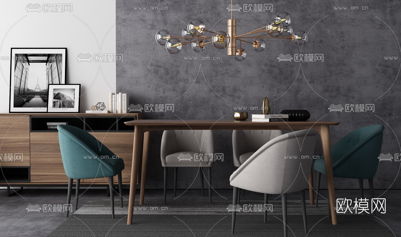 北欧长形餐桌椅3d模型下载