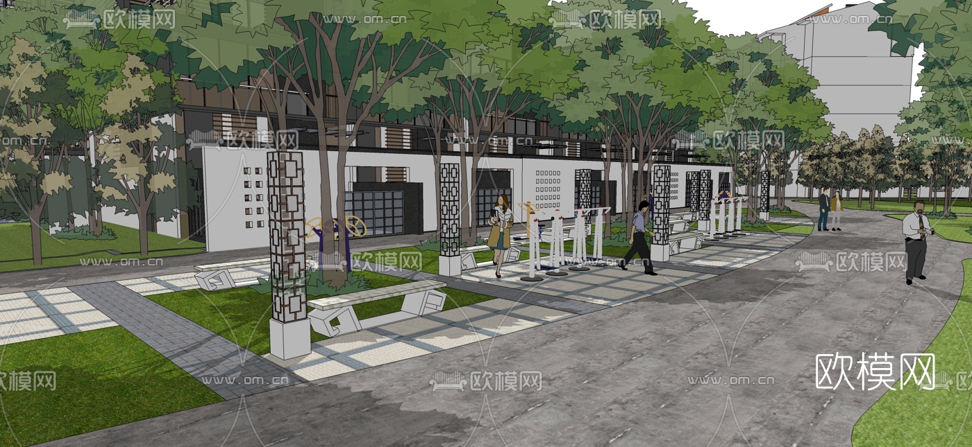 新中式小区景观免费su模型下载