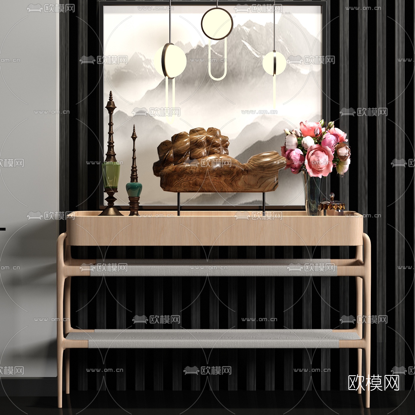 新中式实木玄关端景条案3d模型