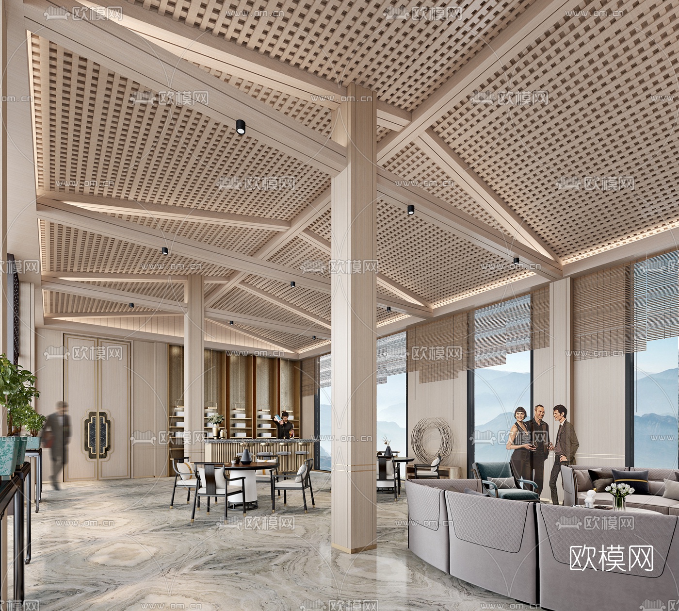 新中式酒店大堂吧休息区3d模型