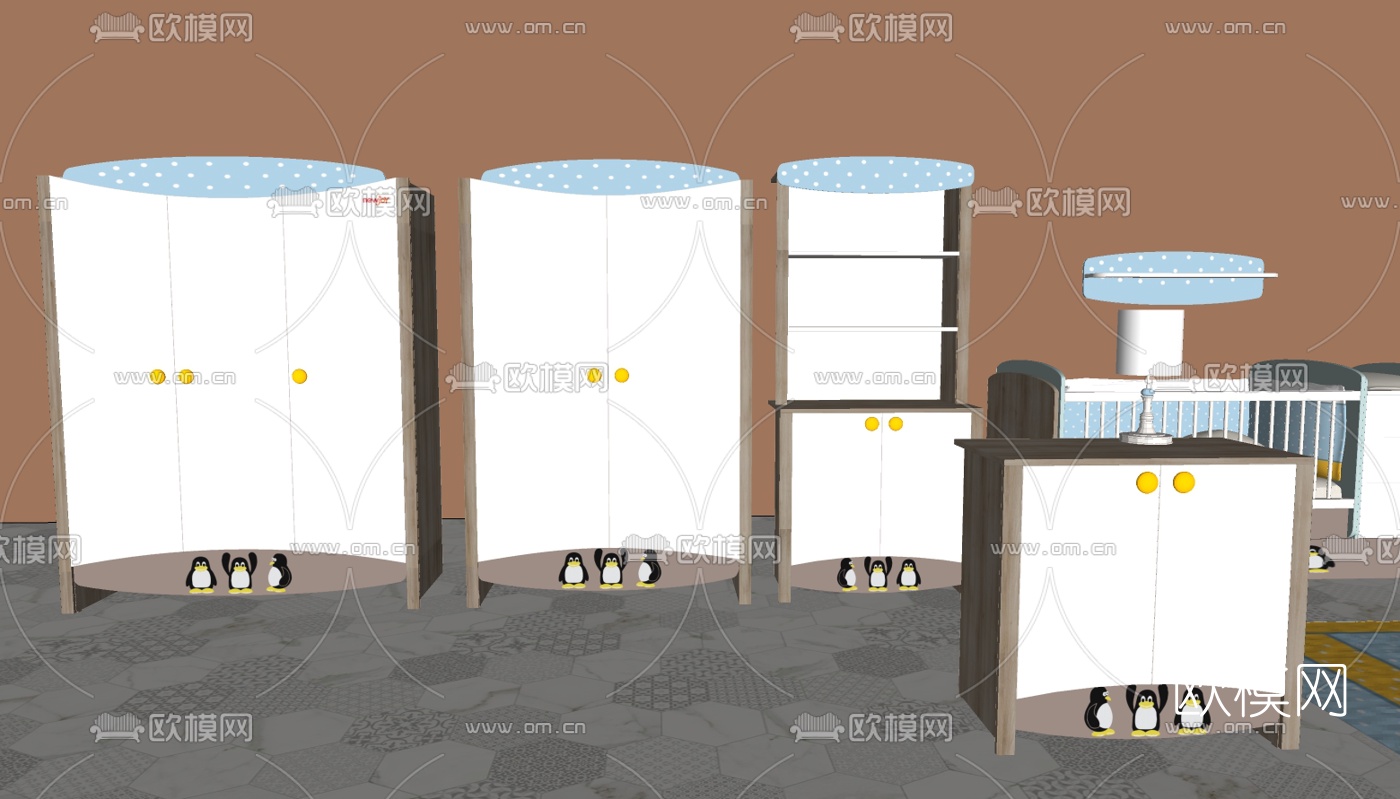 现代实木婴儿床边柜su模型下载（渲染图2）