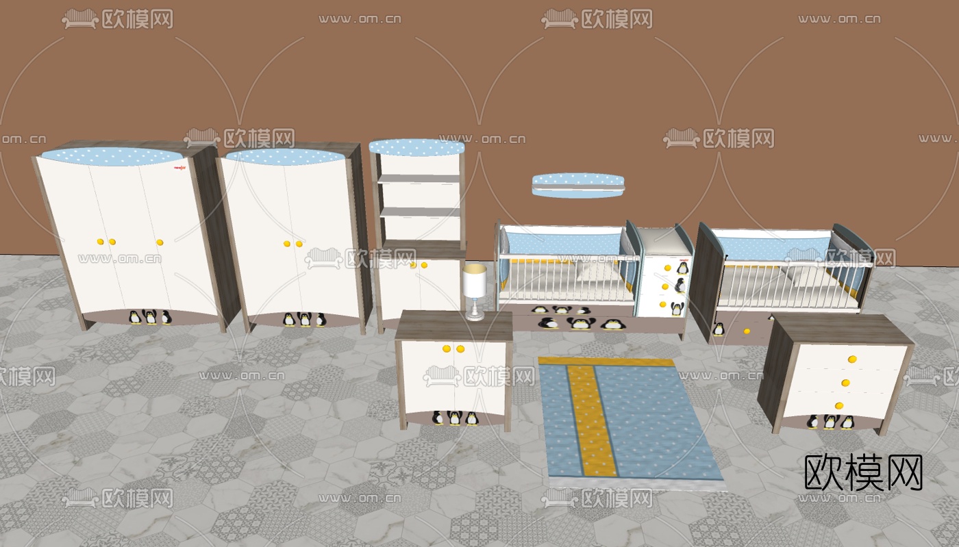 现代实木婴儿床边柜su模型下载（渲染图1）