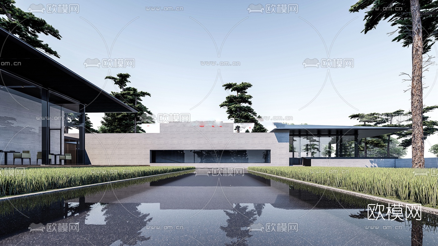 新中式餐厅建筑外观su模型下载（渲染图6）