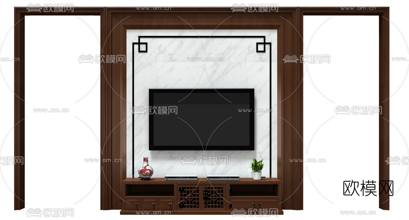 新中式电视背景墙3d模型