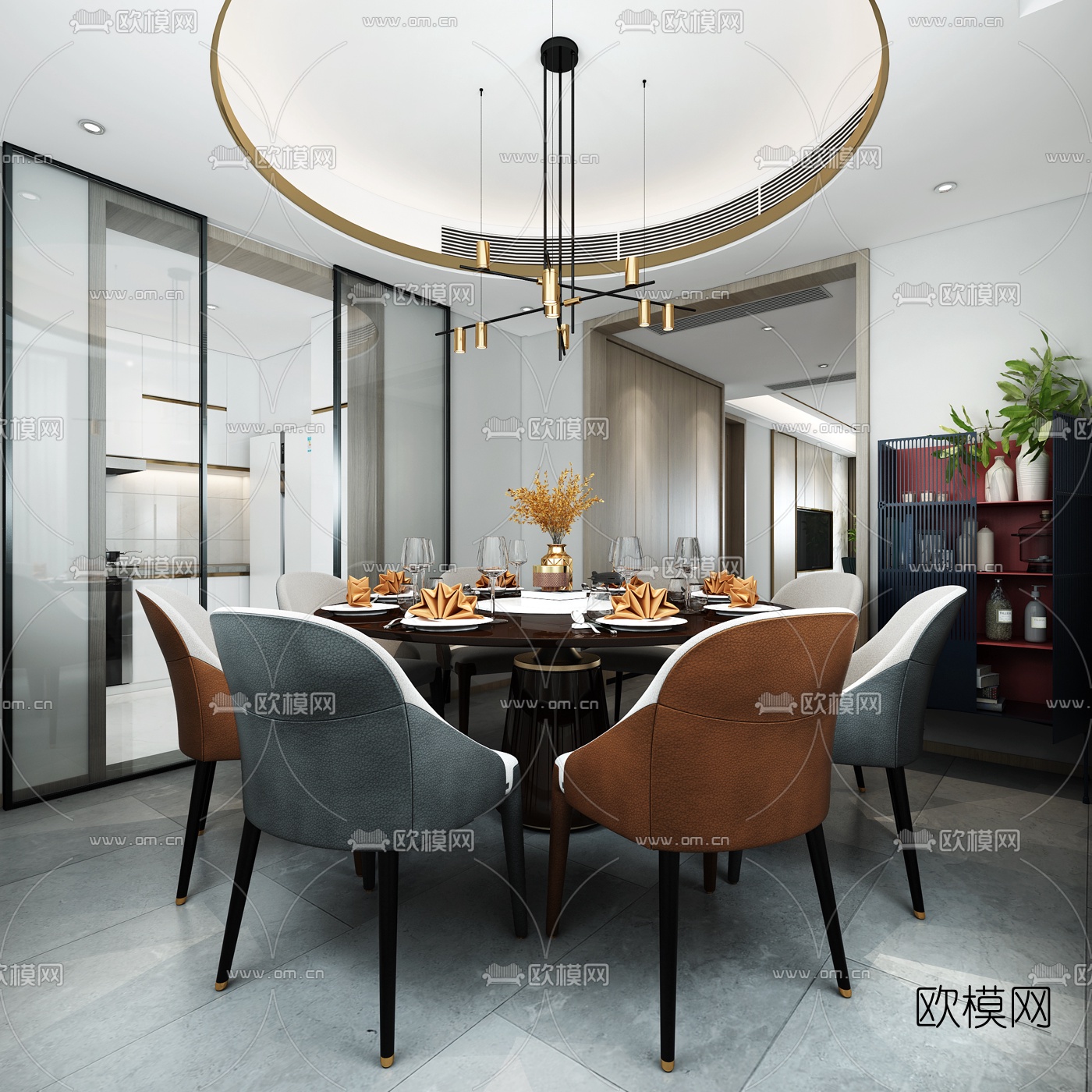 现代轻奢客厅餐厅厨房3d模型