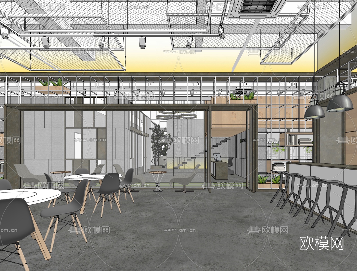 工业风办公室休息区会议室su模型下载（渲染图1）