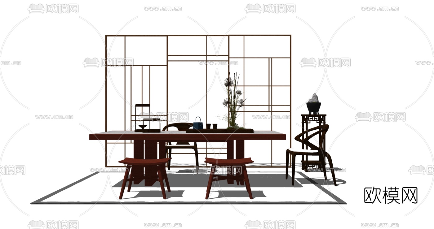 中式茶桌椅su模型下载