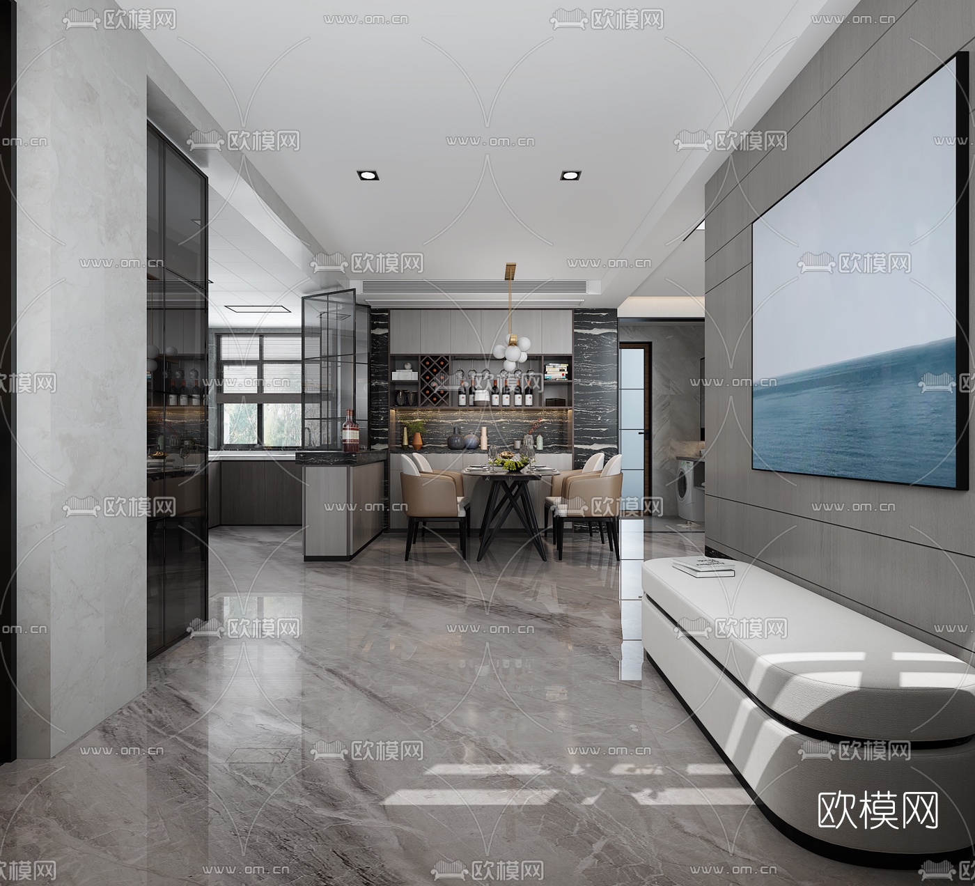 现代别墅客厅餐厅3d模型