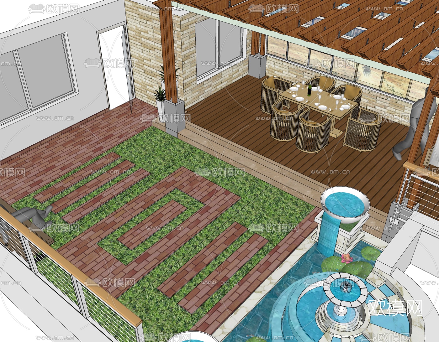 新中式庭院花园免费su模型下载
