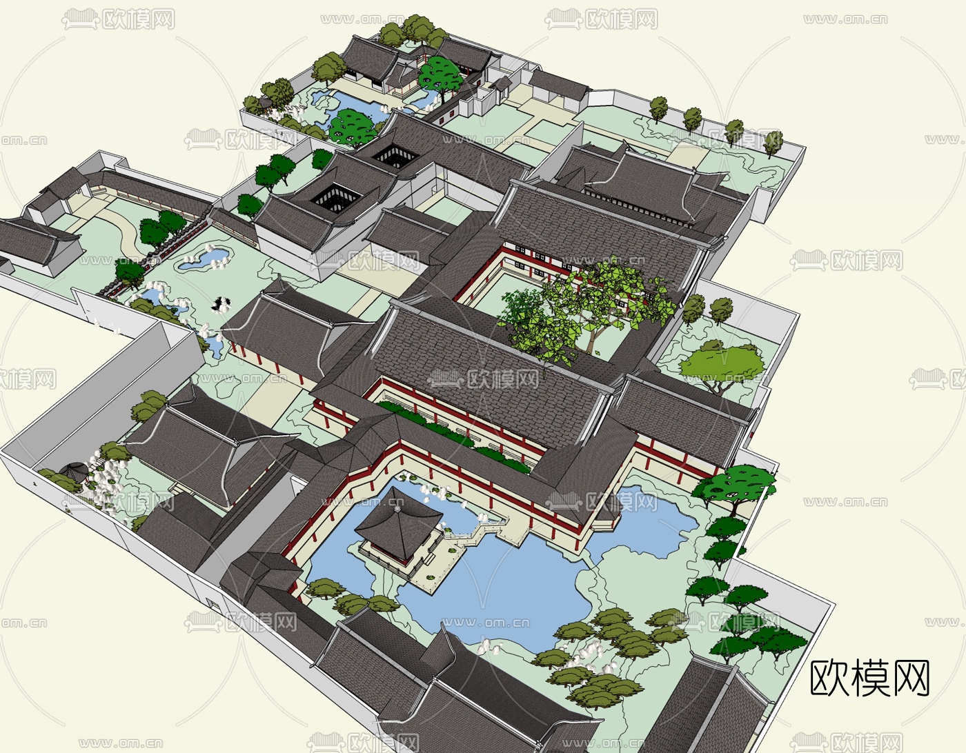 中式古建园林院落免费su模型下载