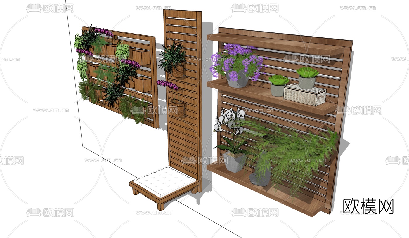 现代木架绿植墙su模型下载（渲染图2）