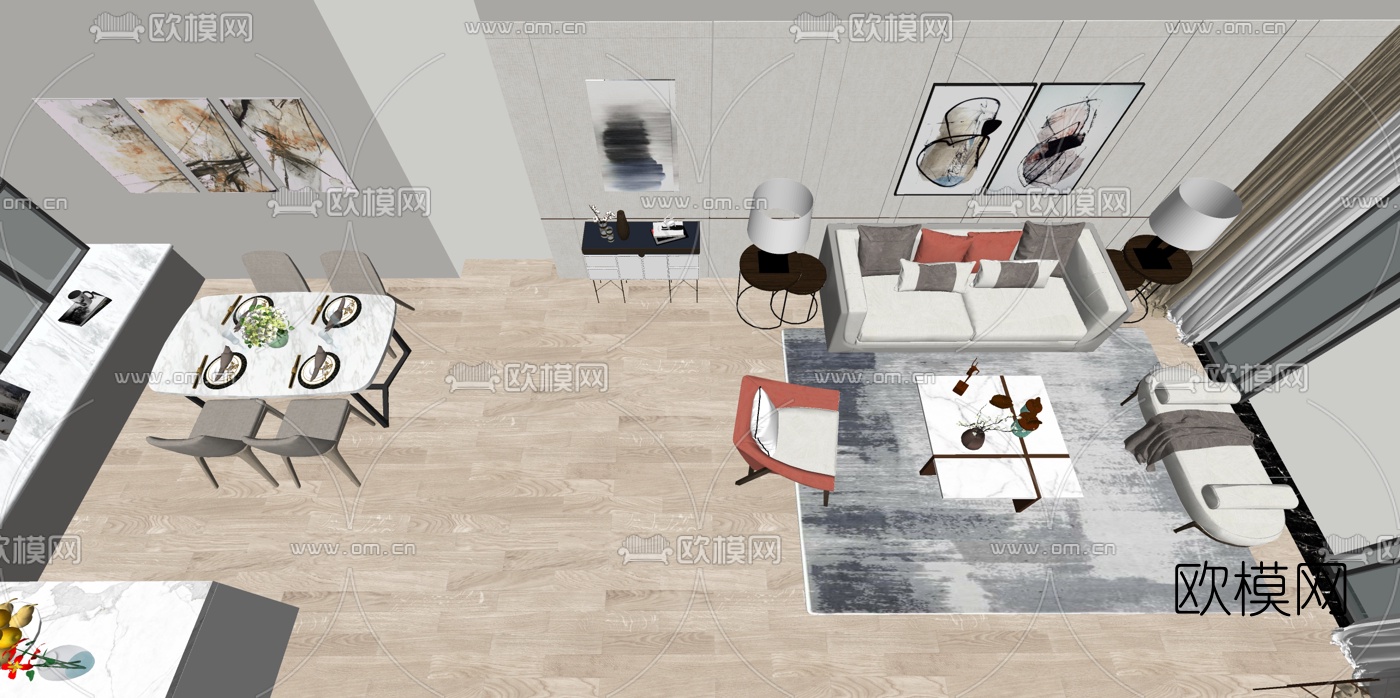 现代轻奢客厅餐厅su模型