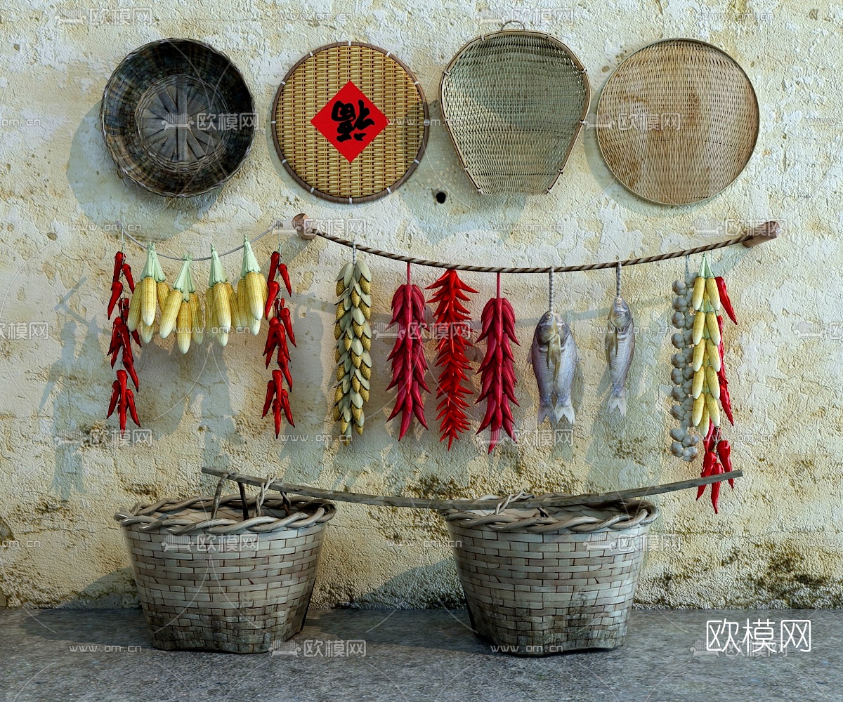 现代辣椒鱼大蒜竹筐3d模型下载