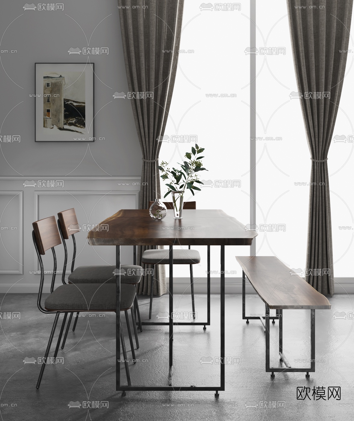 工业风长形餐桌椅3d模型下载