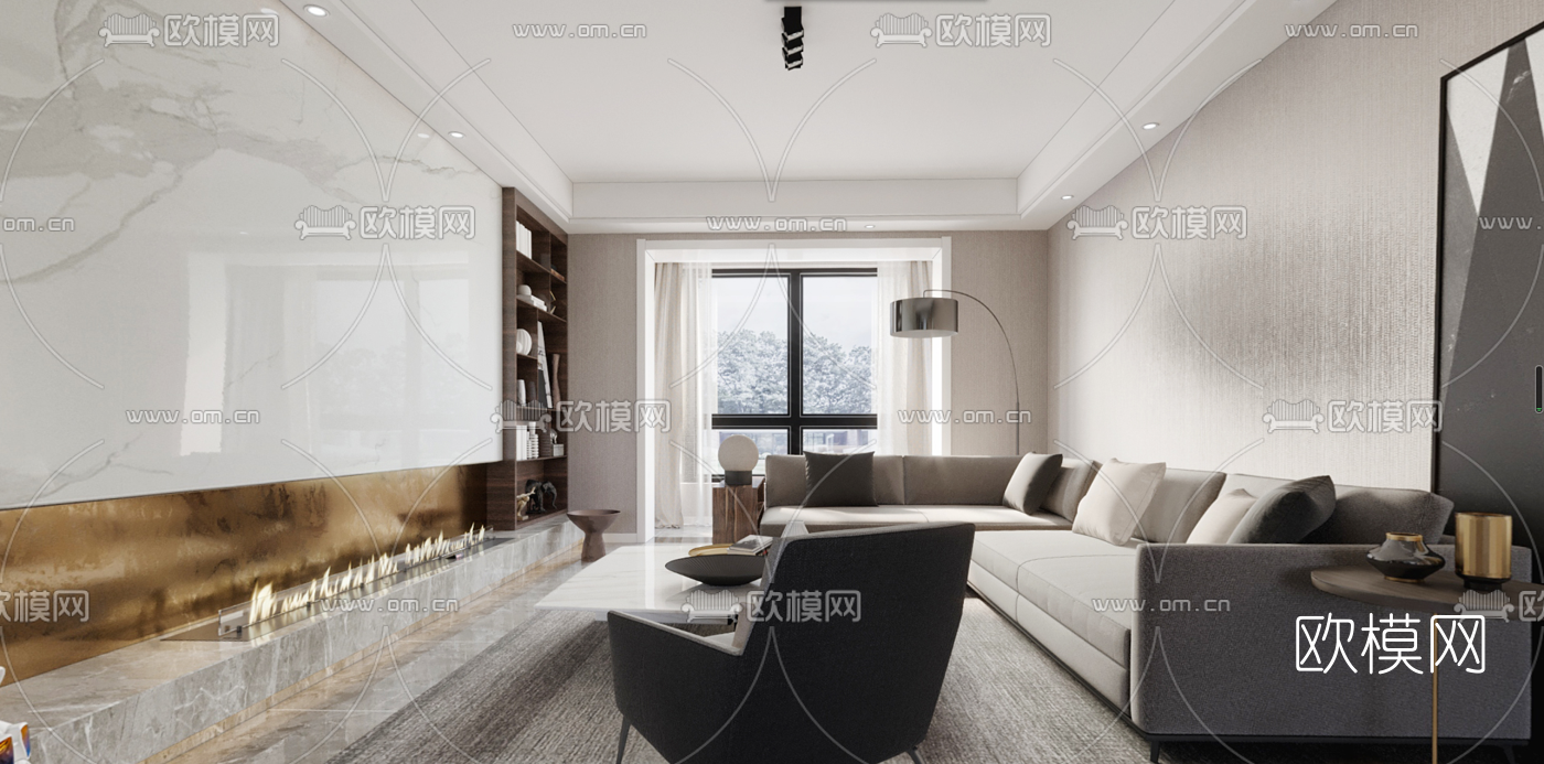 现代风格客厅餐厅全景3d模型